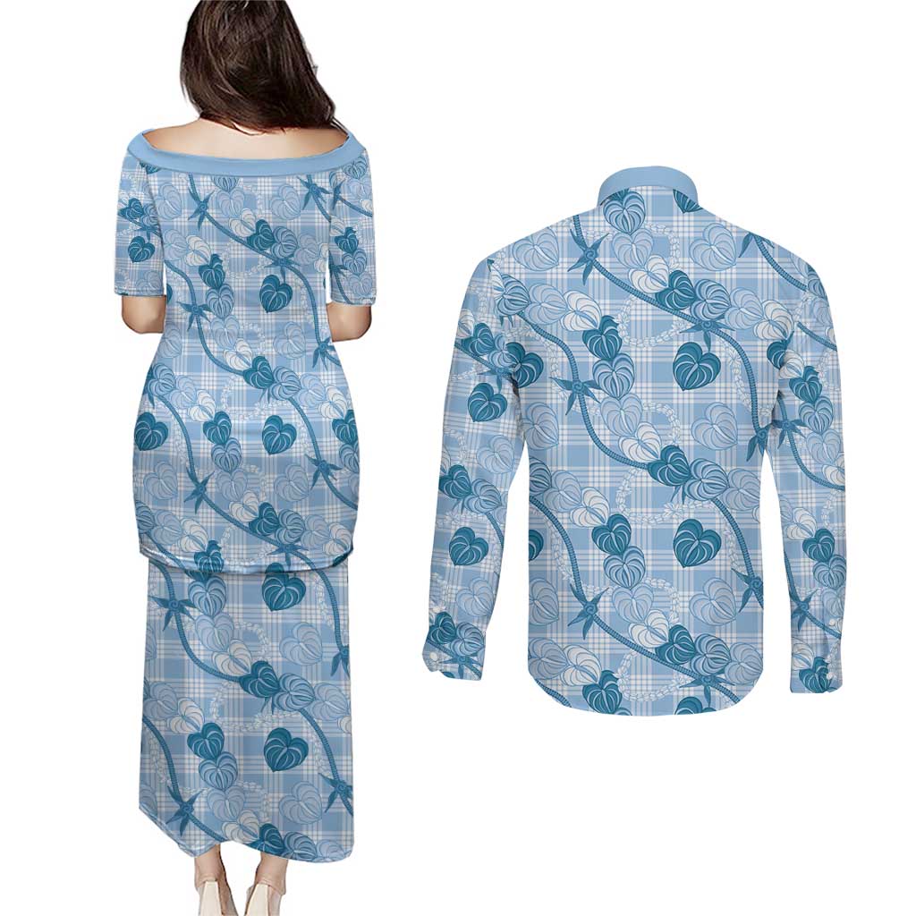 Anthurium Pikake Ti Leaf Palaka Couples Matching Puletasi and Long Sleeve Button Shirt Blue Version LT01 - Polynesian Pride