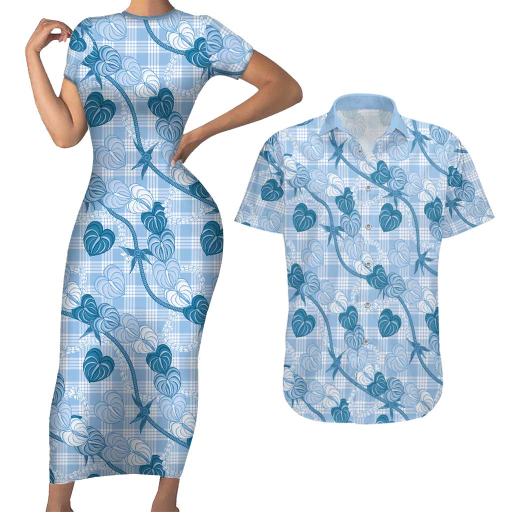 Anthurium Pikake Ti Leaf Palaka Couples Matching Short Sleeve Bodycon Dress and Hawaiian Shirt Blue Version LT01 Blue - Polynesian Pride
