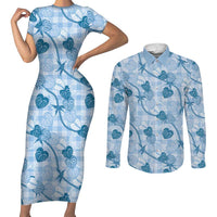 Anthurium Pikake Ti Leaf Palaka Couples Matching Short Sleeve Bodycon Dress and Long Sleeve Button Shirt Blue Version LT01 Blue - Polynesian Pride