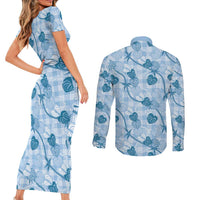 Anthurium Pikake Ti Leaf Palaka Couples Matching Short Sleeve Bodycon Dress and Long Sleeve Button Shirt Blue Version LT01 - Polynesian Pride