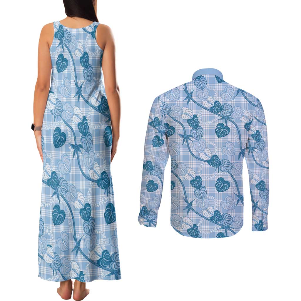 Anthurium Pikake Ti Leaf Palaka Couples Matching Tank Maxi Dress and Long Sleeve Button Shirt Blue Version LT01 - Polynesian Pride