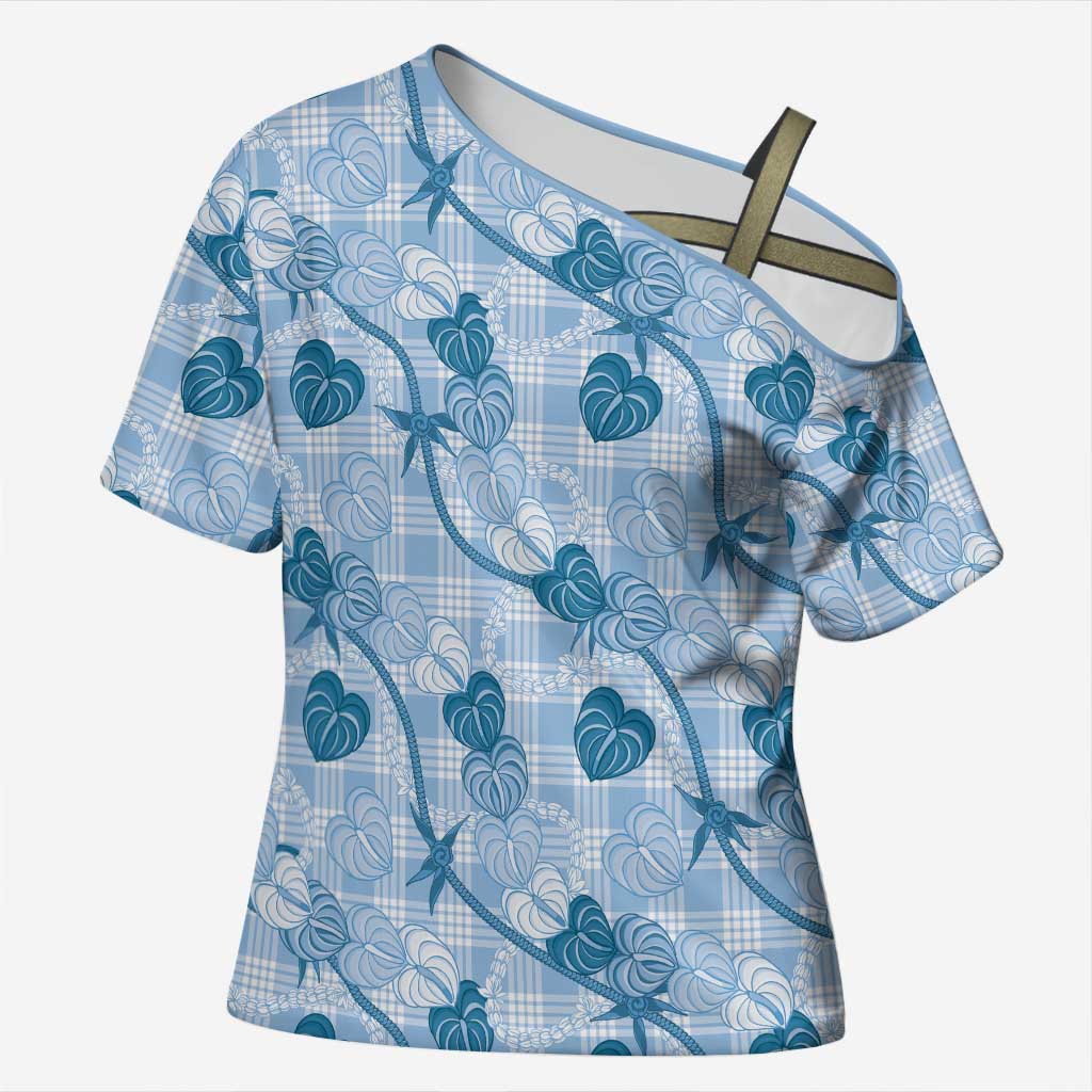 Anthurium Pikake Ti Leaf Palaka Cross Shoulder Shirt Blue Version LT01 Female Blue - Polynesian Pride