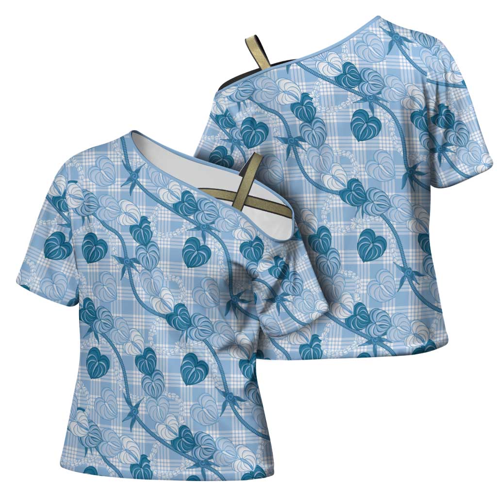 Anthurium Pikake Ti Leaf Palaka Cross Shoulder Shirt Blue Version LT01 - Polynesian Pride
