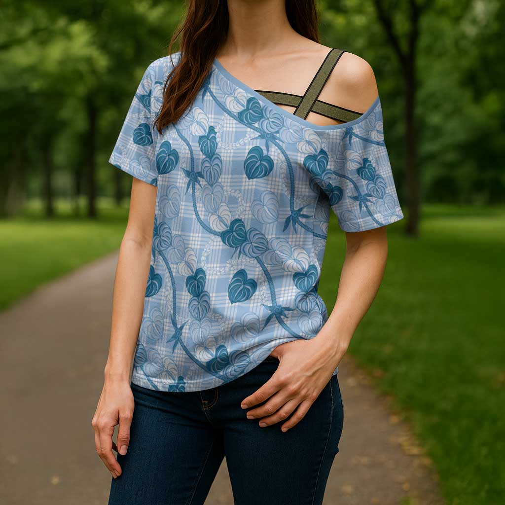 Anthurium Pikake Ti Leaf Palaka Cross Shoulder Shirt Blue Version LT01 - Polynesian Pride