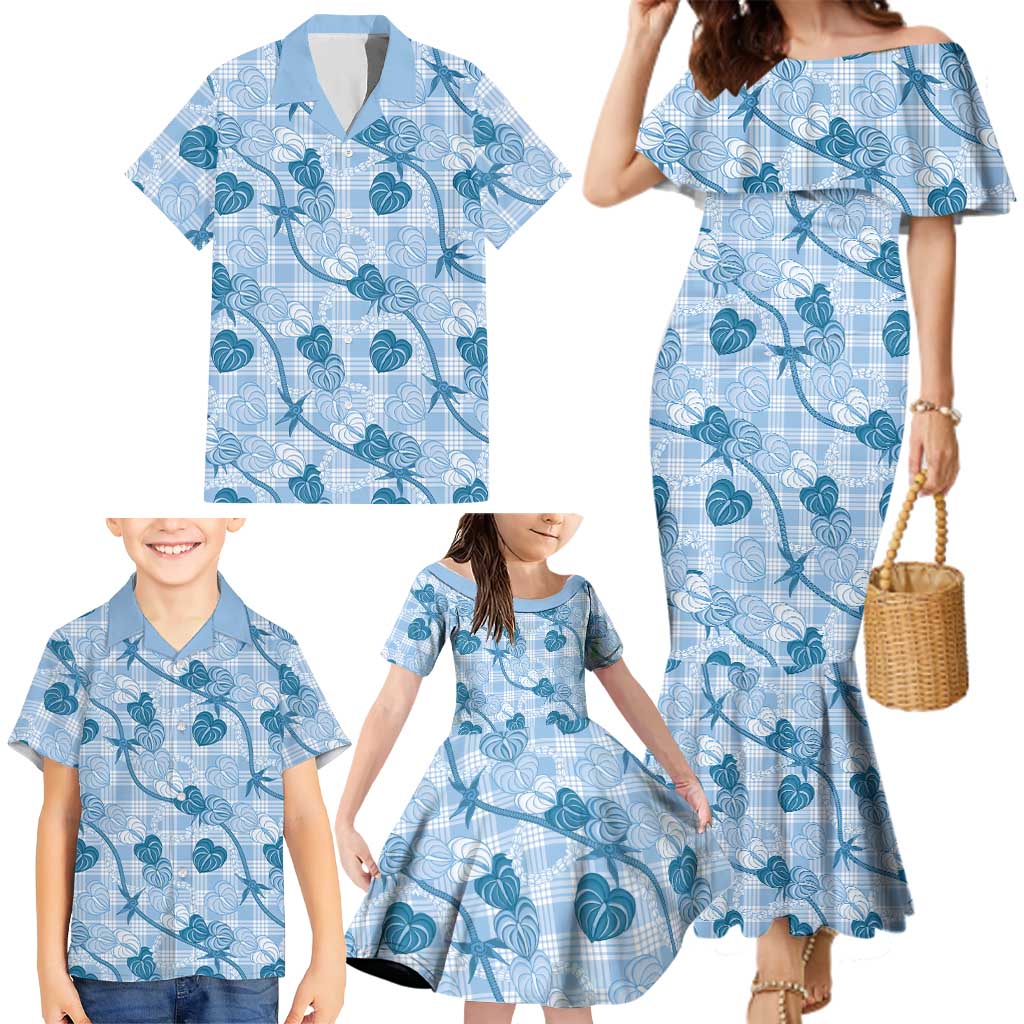 Anthurium Pikake Ti Leaf Palaka Family Matching Mermaid Dress and Hawaiian Shirt Blue Version LT01 - Polynesian Pride