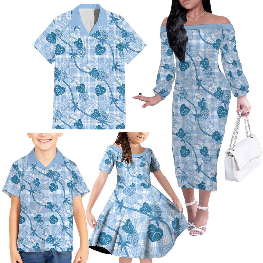 Anthurium Pikake Ti Leaf Palaka Family Matching Off The Shoulder Long Sleeve Dress and Hawaiian Shirt Blue Version LT01 - Polynesian Pride