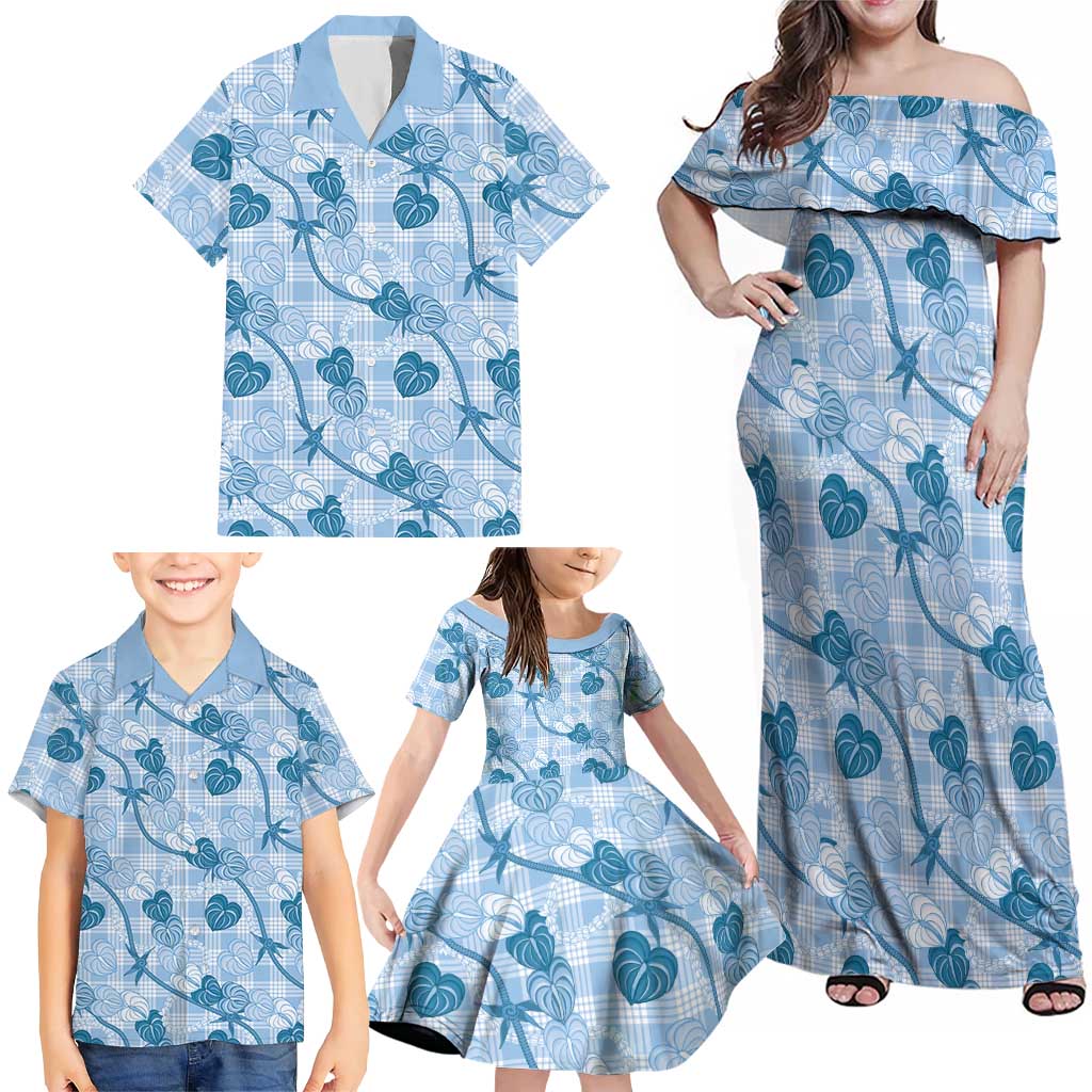 Anthurium Pikake Ti Leaf Palaka Family Matching Off Shoulder Maxi Dress and Hawaiian Shirt Blue Version
