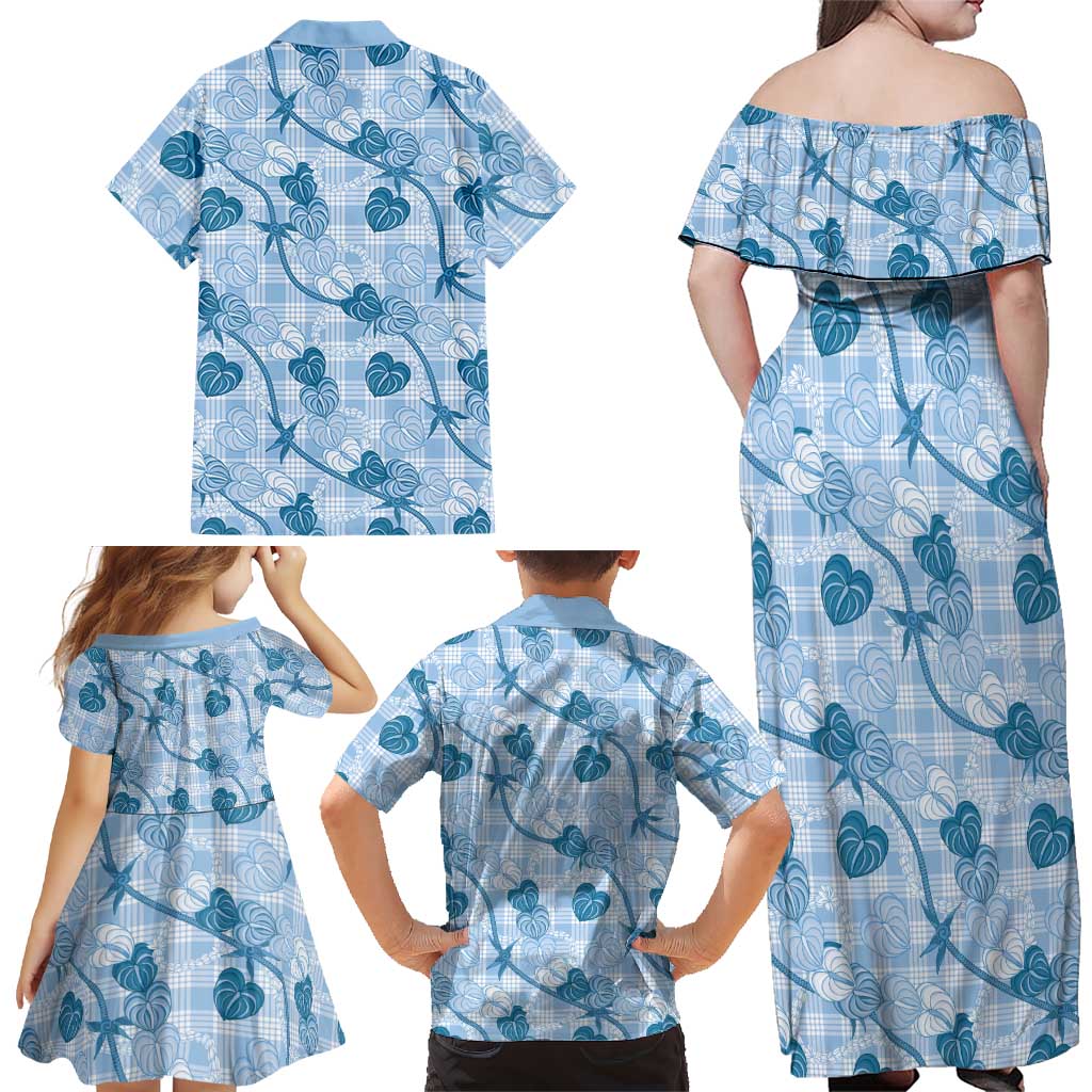 Anthurium Pikake Ti Leaf Palaka Family Matching Off Shoulder Maxi Dress and Hawaiian Shirt Blue Version