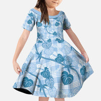 Anthurium Pikake Ti Leaf Palaka Family Matching Off Shoulder Short Dress and Hawaiian Shirt Blue Version LT01 Daughter's Dress Blue - Polynesian Pride