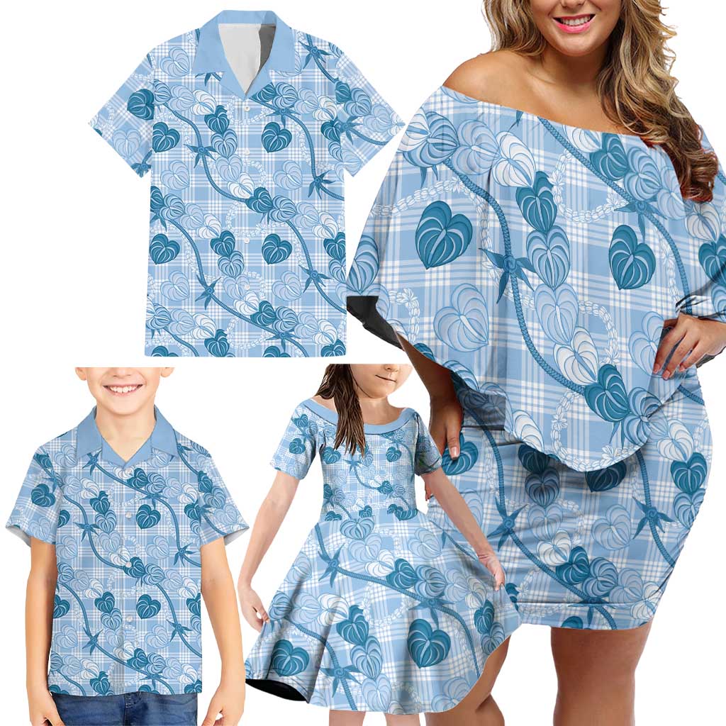 Anthurium Pikake Ti Leaf Palaka Family Matching Off Shoulder Short Dress and Hawaiian Shirt Blue Version LT01 - Polynesian Pride