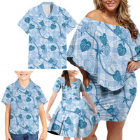 Anthurium Pikake Ti Leaf Palaka Family Matching Off Shoulder Short Dress and Hawaiian Shirt Blue Version LT01 - Polynesian Pride