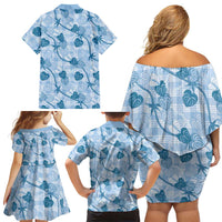 Anthurium Pikake Ti Leaf Palaka Family Matching Off Shoulder Short Dress and Hawaiian Shirt Blue Version LT01 - Polynesian Pride