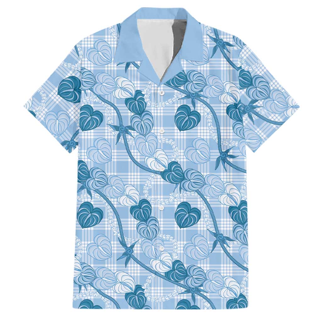 Anthurium Pikake Ti Leaf Palaka Family Matching Off Shoulder Short Dress and Hawaiian Shirt Blue Version LT01 Dad's Shirt - Short Sleeve Blue - Polynesian Pride