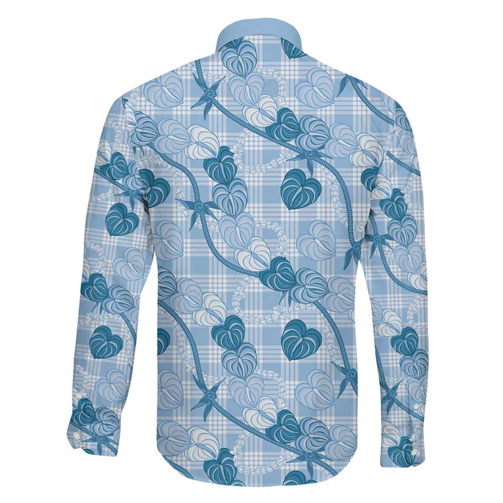 Anthurium Pikake Ti Leaf Palaka Family Matching Off Shoulder Short Dress and Hawaiian Shirt Blue Version LT01 - Polynesian Pride