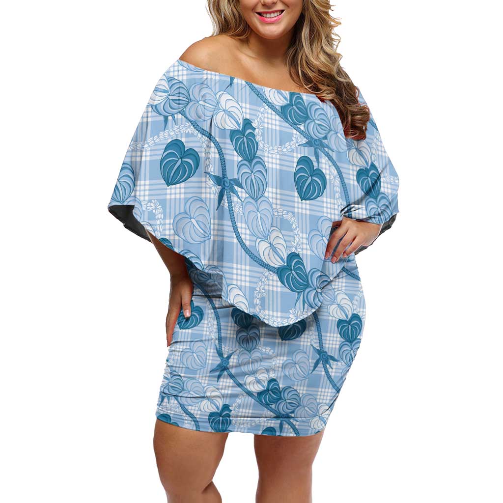 Anthurium Pikake Ti Leaf Palaka Family Matching Off Shoulder Short Dress and Hawaiian Shirt Blue Version LT01 Mom's Dress Blue - Polynesian Pride
