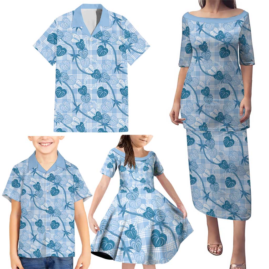 Anthurium Pikake Ti Leaf Palaka Family Matching Puletasi and Hawaiian Shirt Blue Version LT01 - Polynesian Pride
