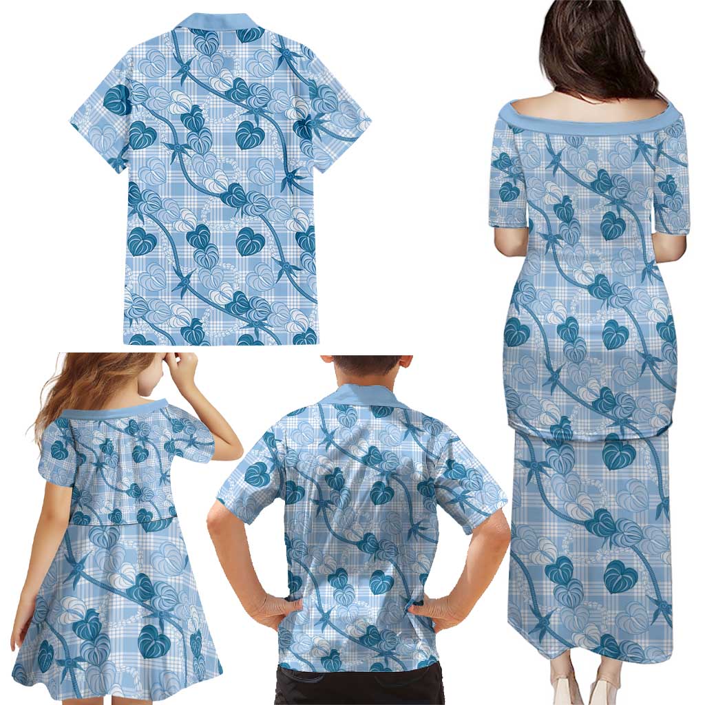 Anthurium Pikake Ti Leaf Palaka Family Matching Puletasi and Hawaiian Shirt Blue Version LT01 - Polynesian Pride