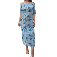 Anthurium Pikake Ti Leaf Palaka Family Matching Puletasi and Hawaiian Shirt Blue Version LT01 Mom's Dress Blue - Polynesian Pride