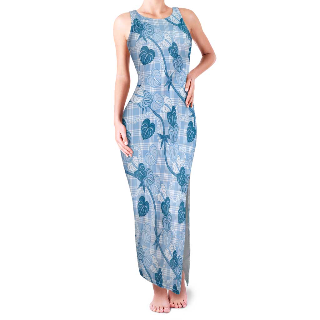 Anthurium Pikake Ti Leaf Palaka Family Matching Tank Maxi Dress and Hawaiian Shirt Blue Version LT01 Mom's Dress Blue - Polynesian Pride