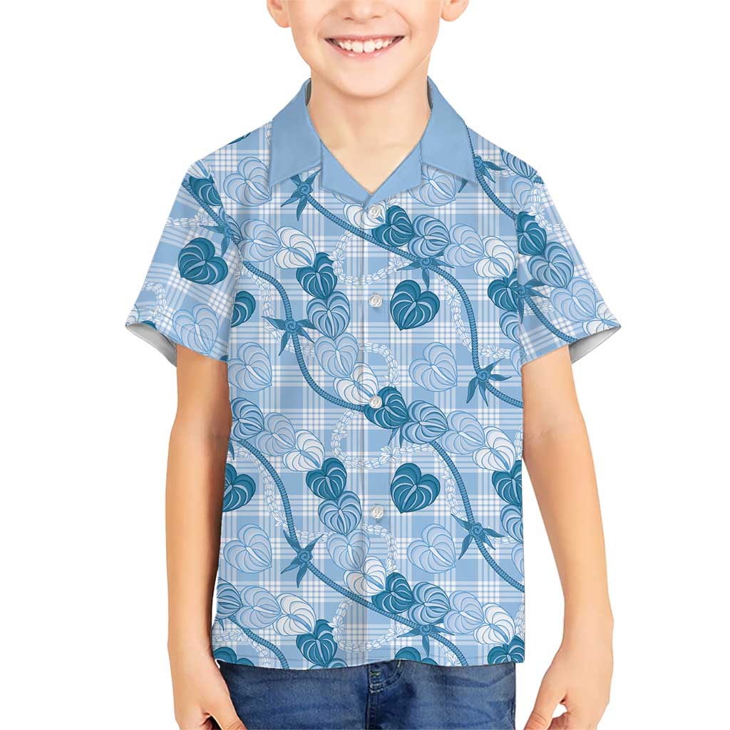 Anthurium Pikake Ti Leaf Palaka Family Matching Tank Maxi Dress and Hawaiian Shirt Blue Version LT01 Son's Shirt Blue - Polynesian Pride