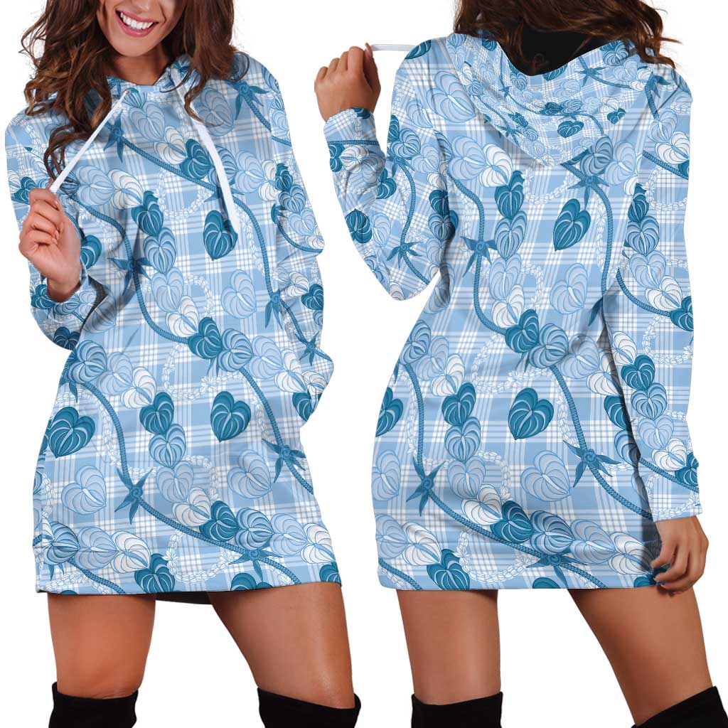 Anthurium Pikake Ti Leaf Palaka Hoodie Dress Blue Version LT01 - Polynesian Pride