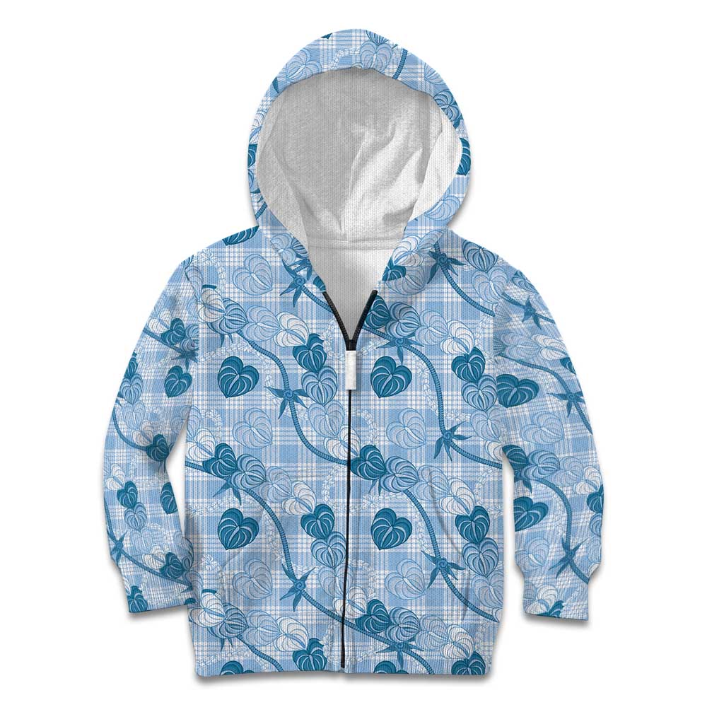 Anthurium Pikake Ti Leaf Palaka Kid Hoodie Blue Version LT01 Zip Hoodie Blue - Polynesian Pride