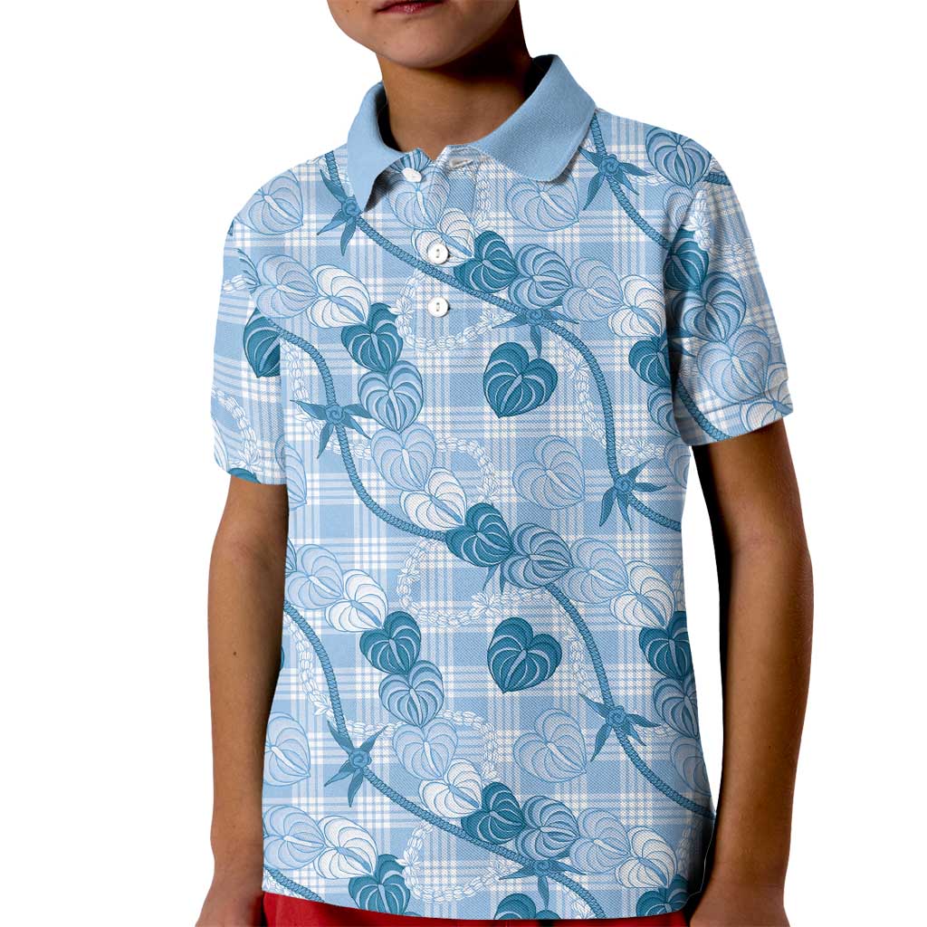 Anthurium Pikake Ti Leaf Palaka Kid Polo Shirt Blue Version LT01 Kid Blue - Polynesian Pride