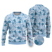 Anthurium Pikake Ti Leaf Palaka Ugly Christmas Sweater Blue Version LT01 Blue - Polynesian Pride