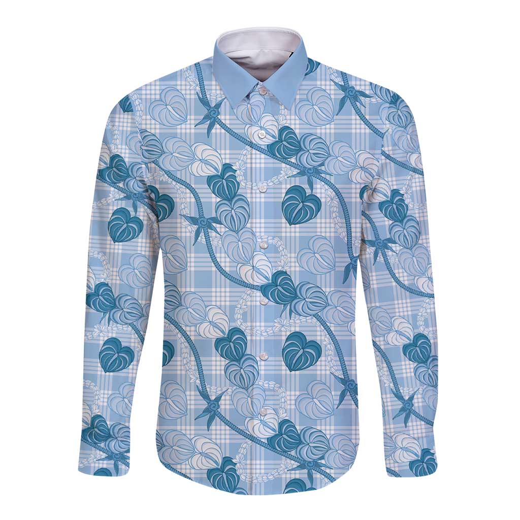 Anthurium Pikake Ti Leaf Palaka Long Sleeve Button Shirt Blue Version