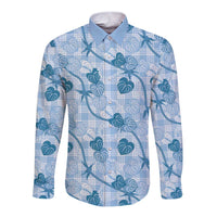 Anthurium Pikake Ti Leaf Palaka Long Sleeve Button Shirt Blue Version