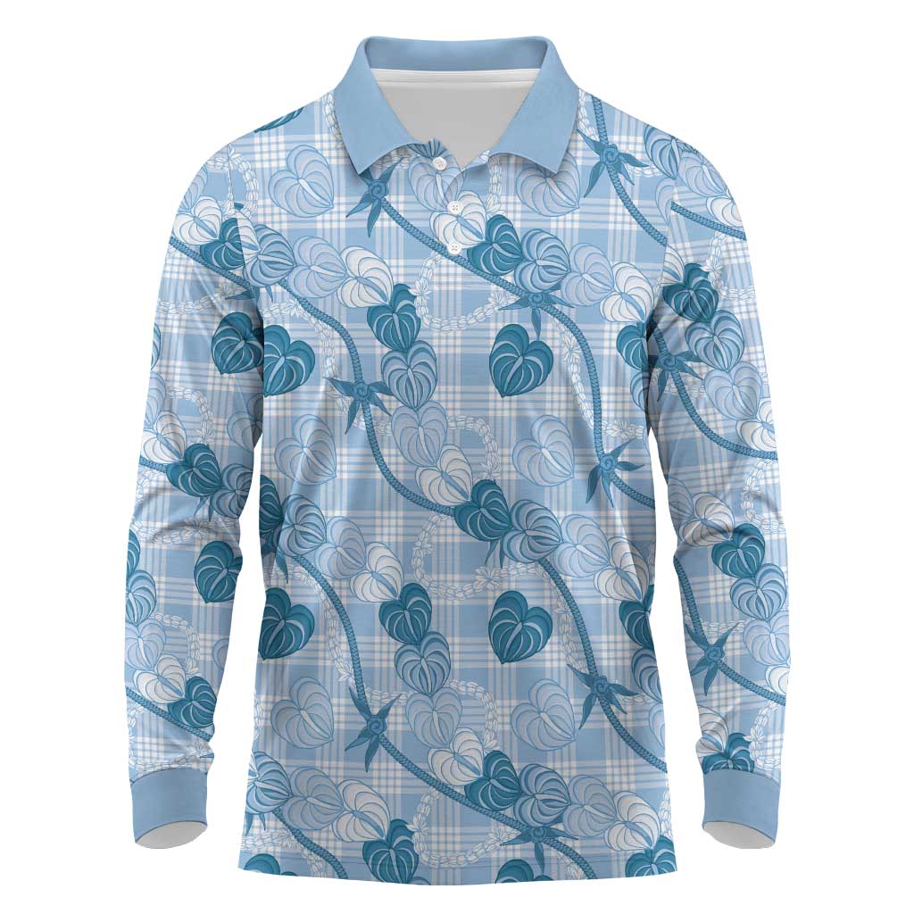 Anthurium Pikake Ti Leaf Palaka Long Sleeve Polo Shirt Blue Version LT01 Blue - Polynesian Pride