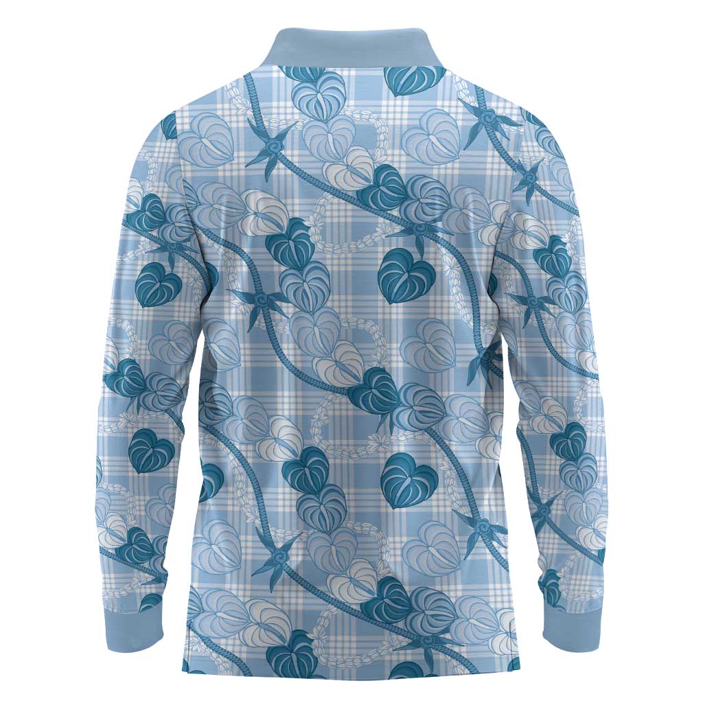 Anthurium Pikake Ti Leaf Palaka Long Sleeve Polo Shirt Blue Version LT01 - Polynesian Pride