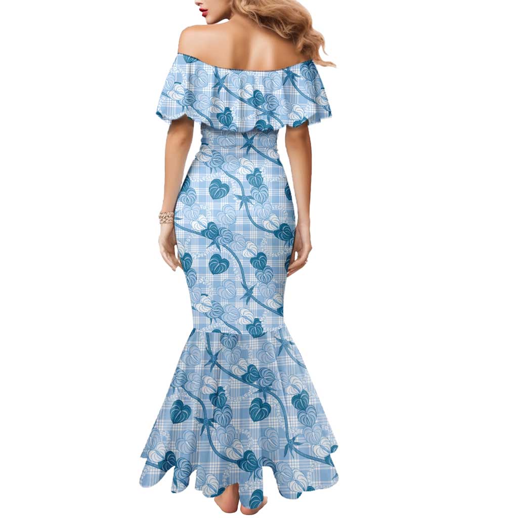 Anthurium Pikake Ti Leaf Palaka Mermaid Dress Blue Version LT01 - Polynesian Pride