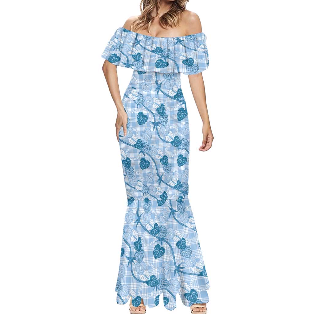 Anthurium Pikake Ti Leaf Palaka Mermaid Dress Blue Version LT01 - Polynesian Pride