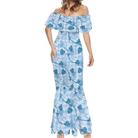 Anthurium Pikake Ti Leaf Palaka Mermaid Dress Blue Version LT01 - Polynesian Pride