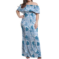 Anthurium Pikake Ti Leaf Palaka Off Shoulder Maxi Dress Blue Version LT01 Women Blue - Polynesian Pride
