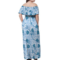 Anthurium Pikake Ti Leaf Palaka Off Shoulder Maxi Dress Blue Version LT01 - Polynesian Pride