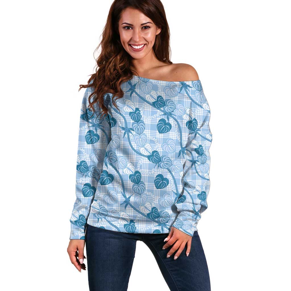 Anthurium Pikake Ti Leaf Palaka Off Shoulder Sweater Blue Version LT01 Women Blue - Polynesian Pride