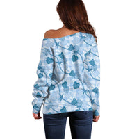 Anthurium Pikake Ti Leaf Palaka Off Shoulder Sweater Blue Version LT01 - Polynesian Pride