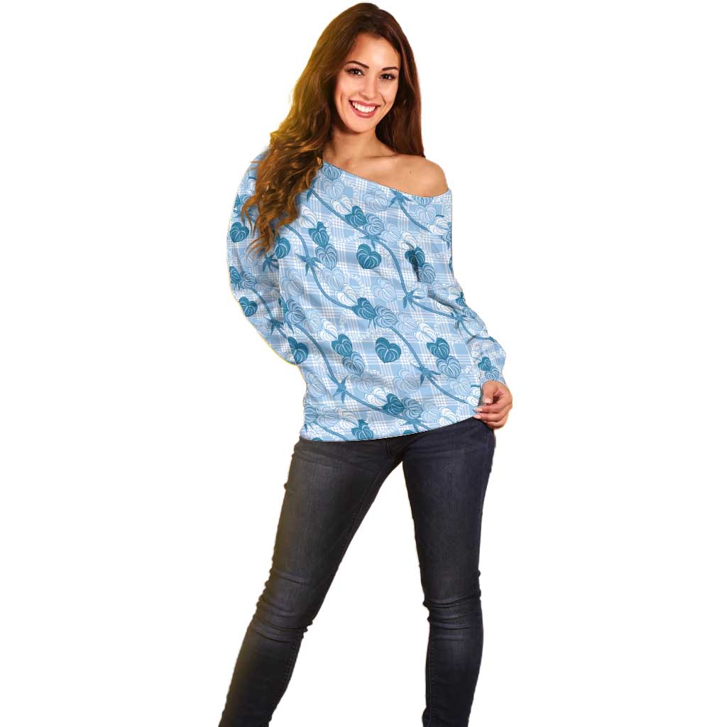 Anthurium Pikake Ti Leaf Palaka Off Shoulder Sweater Blue Version LT01 - Polynesian Pride