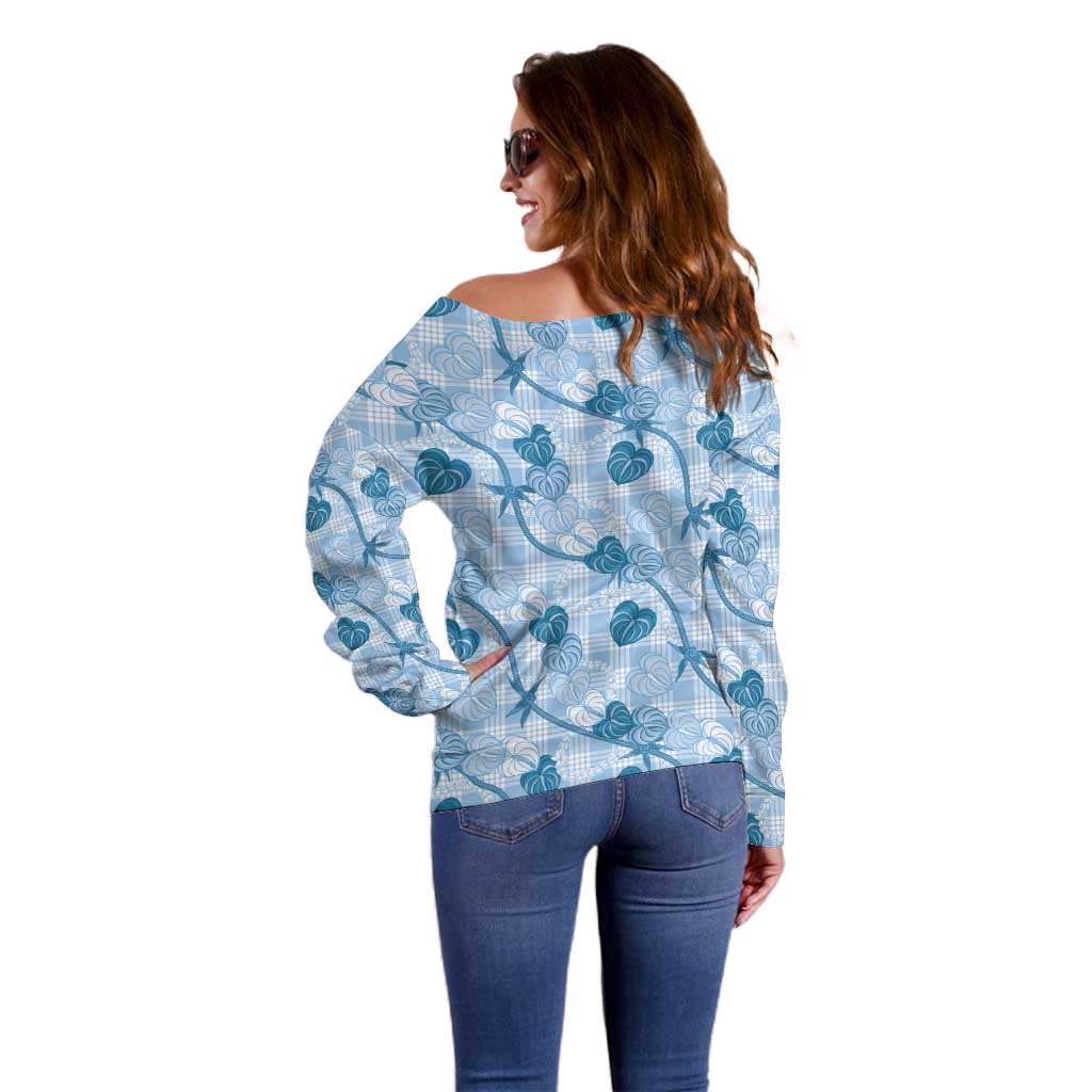 Anthurium Pikake Ti Leaf Palaka Off Shoulder Sweater Blue Version LT01 - Polynesian Pride