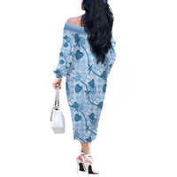 Anthurium Pikake Ti Leaf Palaka Off The Shoulder Long Sleeve Dress Blue Version LT01 - Polynesian Pride