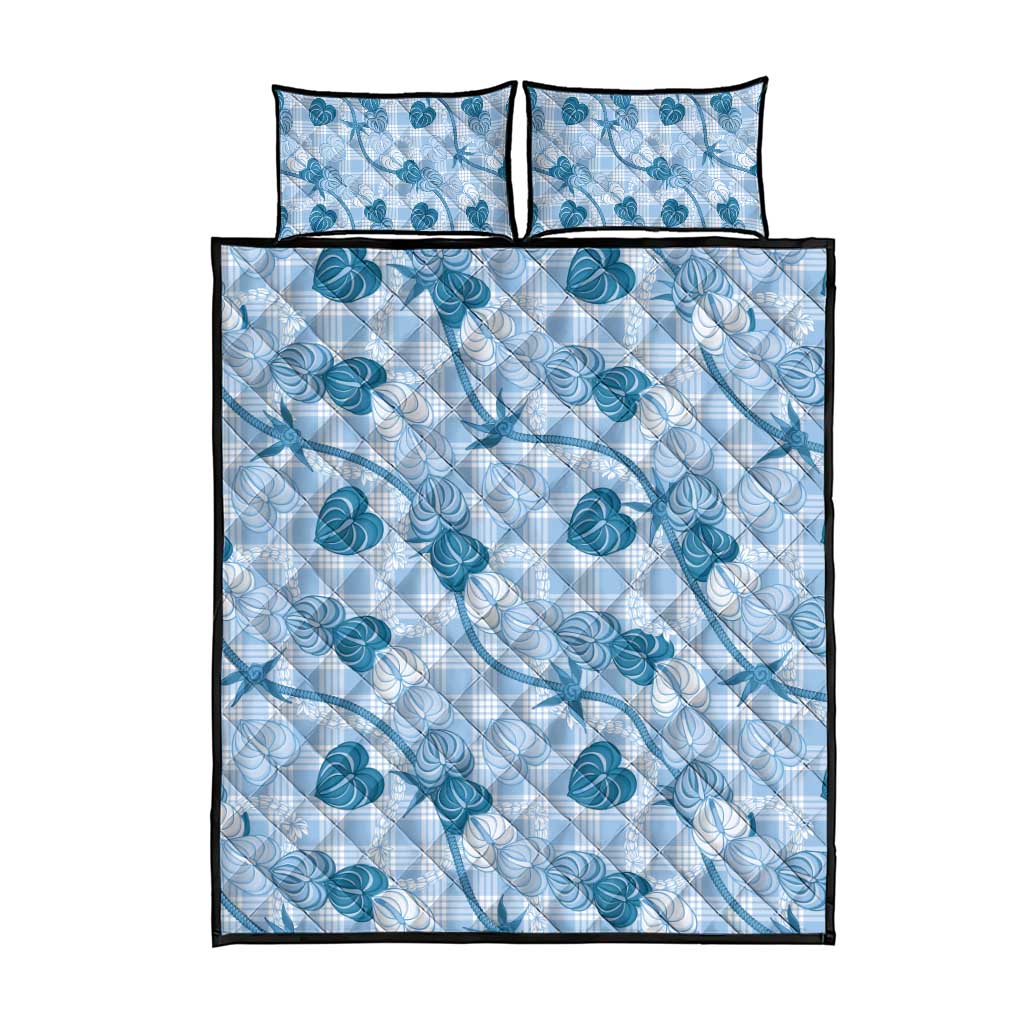 Anthurium Pikake Ti Leaf Palaka Quilt Bed Set Blue Version LT01 - Polynesian Pride