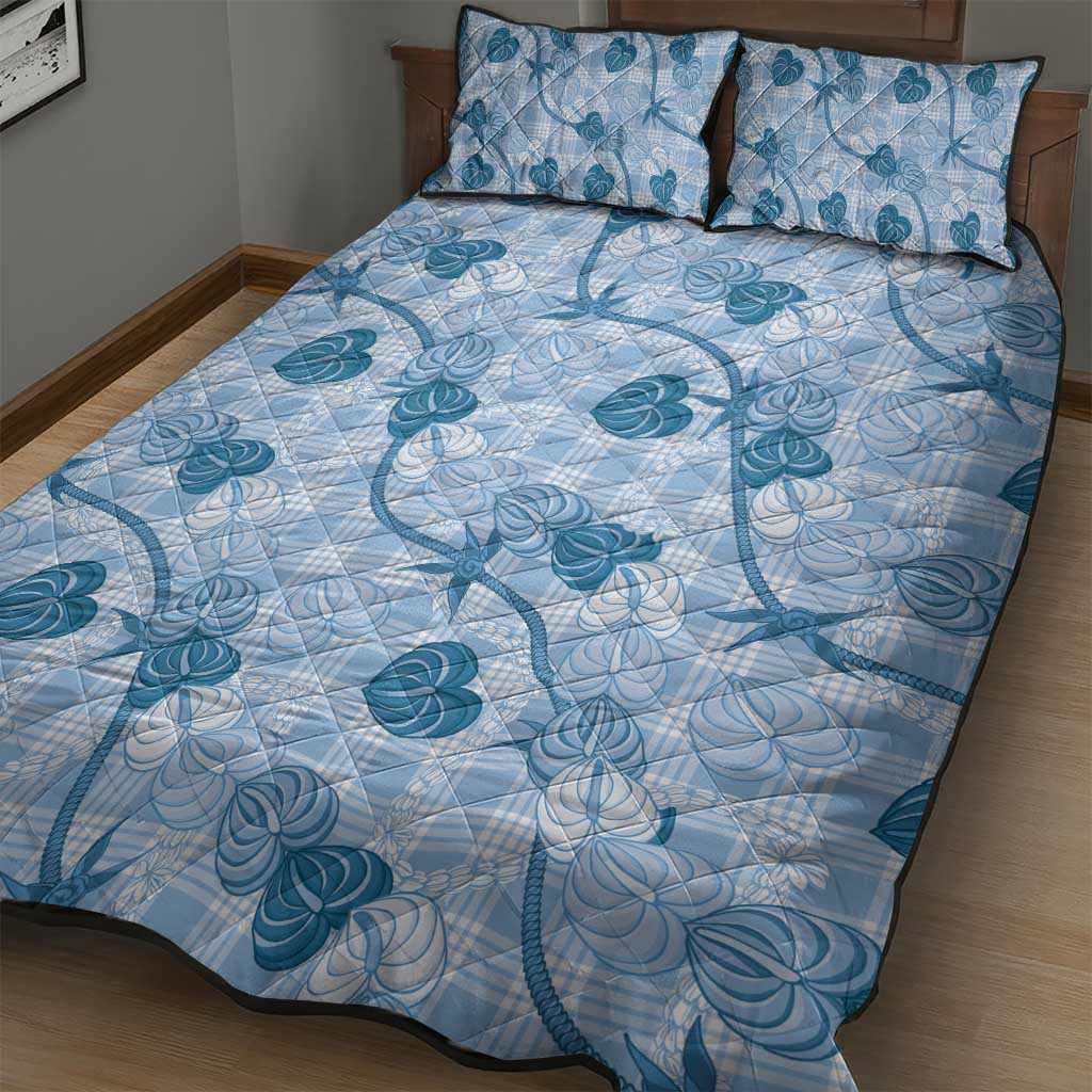 Anthurium Pikake Ti Leaf Palaka Quilt Bed Set Blue Version LT01 - Polynesian Pride