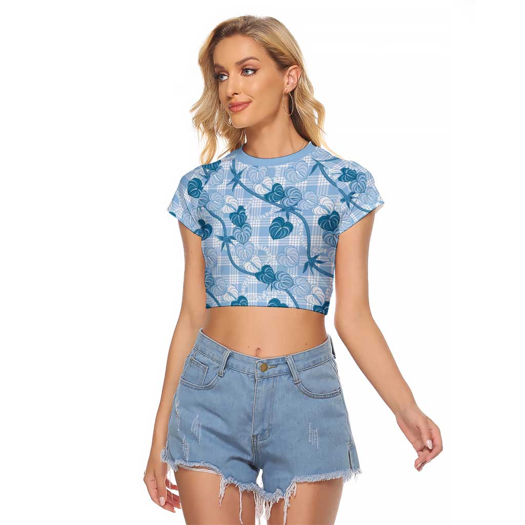 Anthurium Pikake Ti Leaf Palaka Raglan Cropped T Shirt Blue Version LT01 Female Blue - Polynesian Pride
