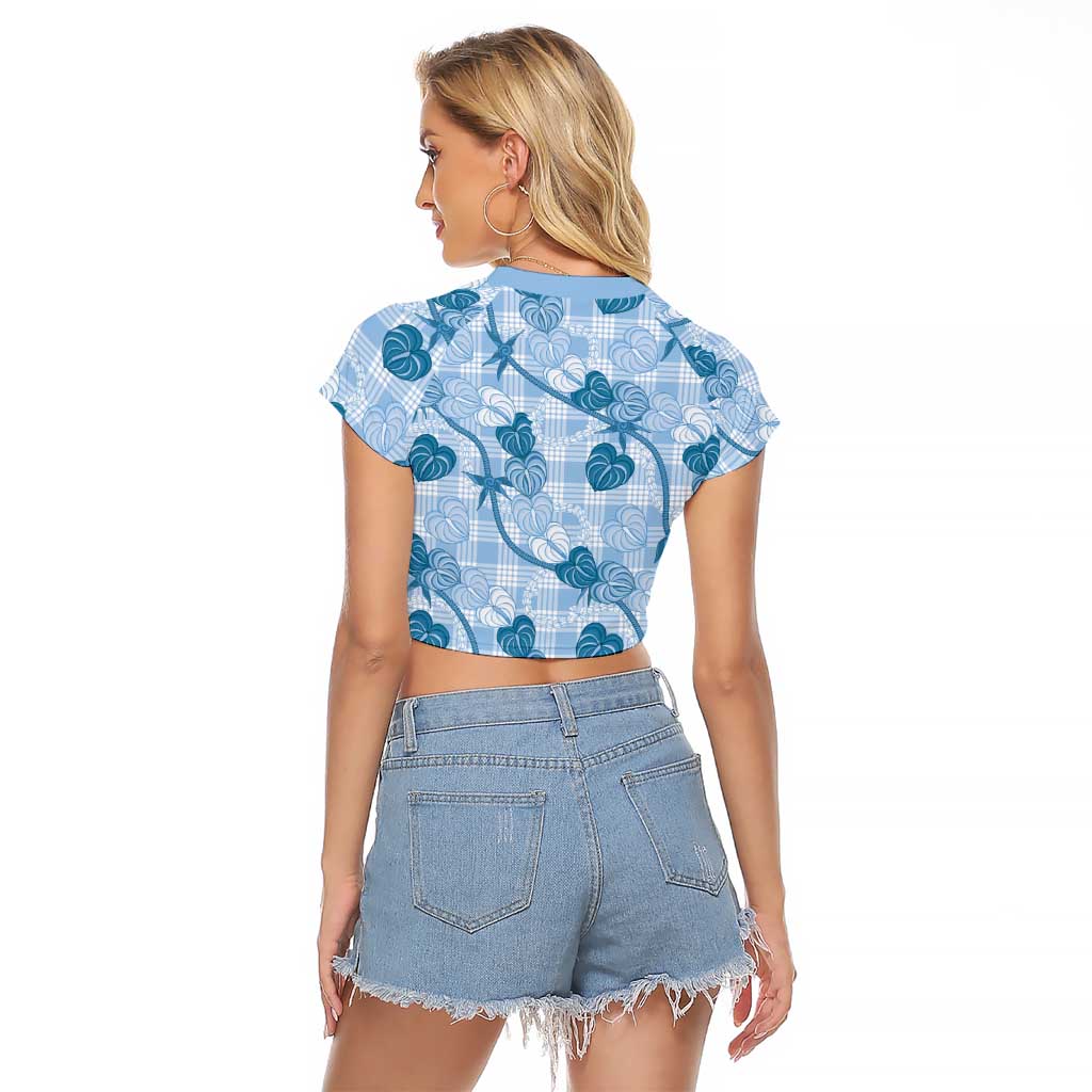 Anthurium Pikake Ti Leaf Palaka Raglan Cropped T Shirt Blue Version LT01 - Polynesian Pride