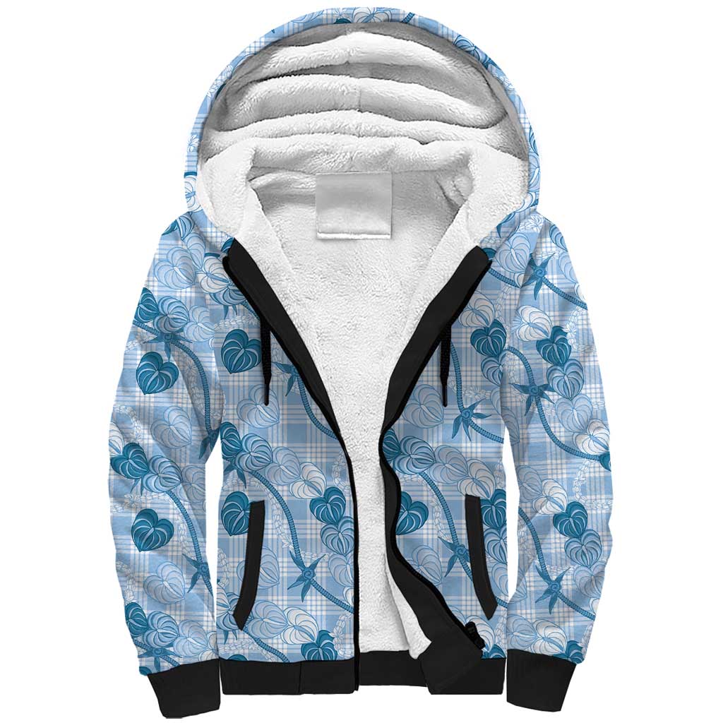 Anthurium Pikake Ti Leaf Palaka Sherpa Hoodie Blue Version LT01 Unisex Blue - Polynesian Pride