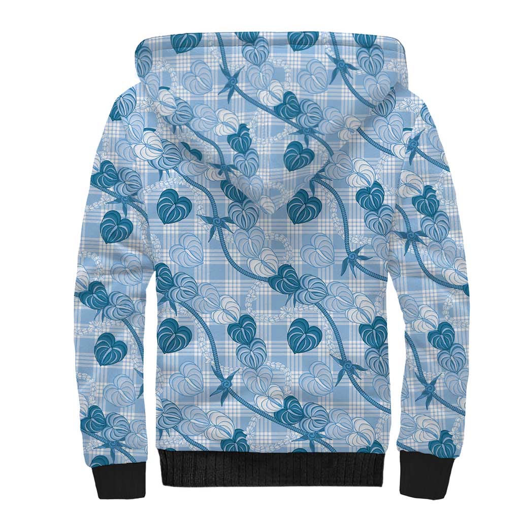 Anthurium Pikake Ti Leaf Palaka Sherpa Hoodie Blue Version LT01 - Polynesian Pride