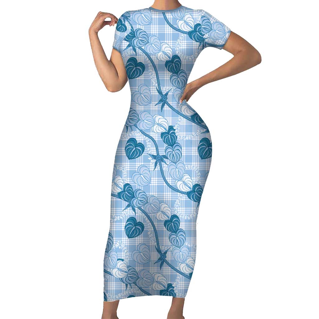 Anthurium Pikake Ti Leaf Palaka Short Sleeve Bodycon Dress Blue Version LT01 Long Dress Blue - Polynesian Pride