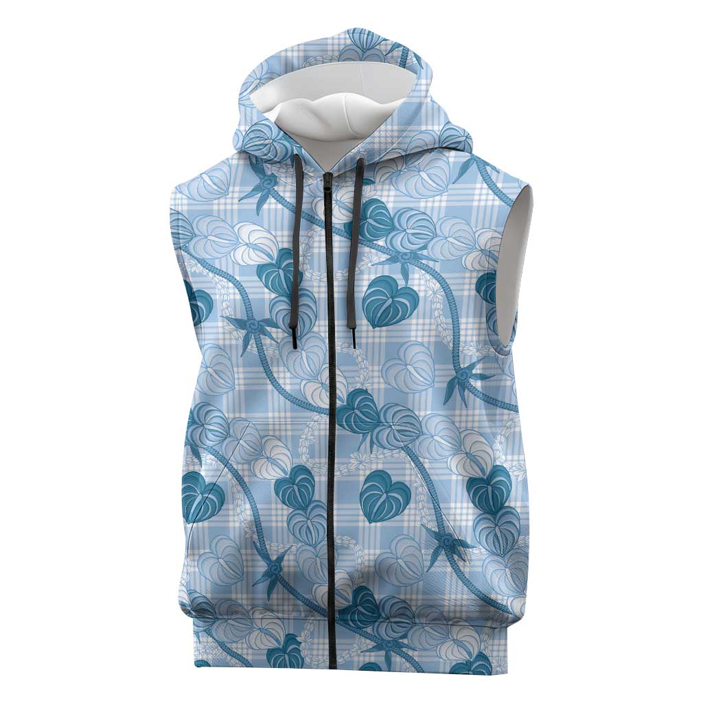 Anthurium Pikake Ti Leaf Palaka Sleeveless Zip Hoodie Blue Version LT01 Blue - Polynesian Pride